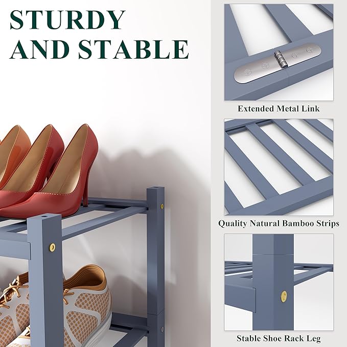Smiry Bamboo Shoe Rack for Closet, 2 Tier Long Wooden Stackable Shoe Organizer, Free Standing Shoes Storage Shelf for Entryway, Front Door Entrance, Grey