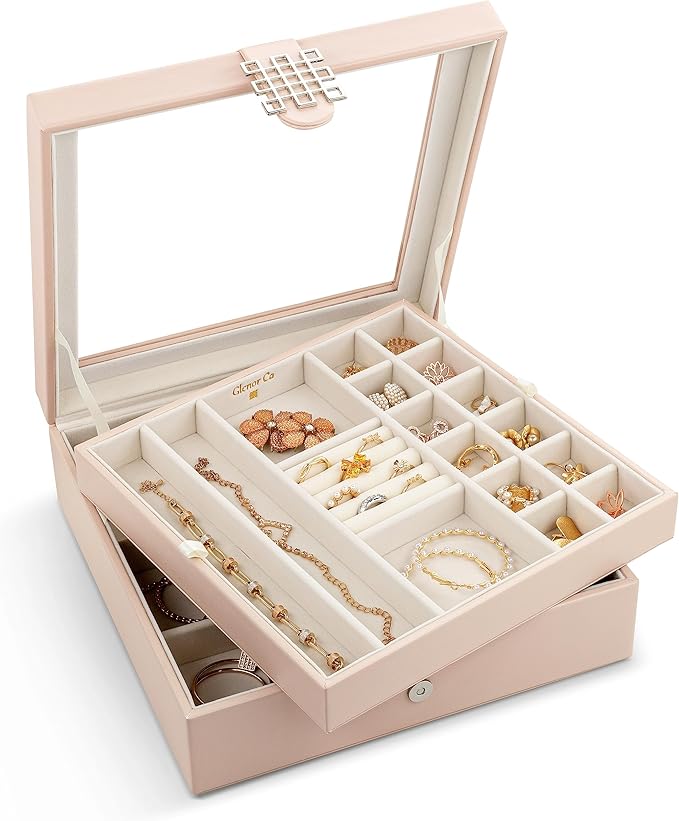 Glenor Co 28 Section Jewelry Box - 2 Layer - Buckle Snap & Magnet Closure - Large Glass Top - Leather Design - Sand - Jewelry Organizer for Women & Girls - for Earring Ring Necklace & Bracelet