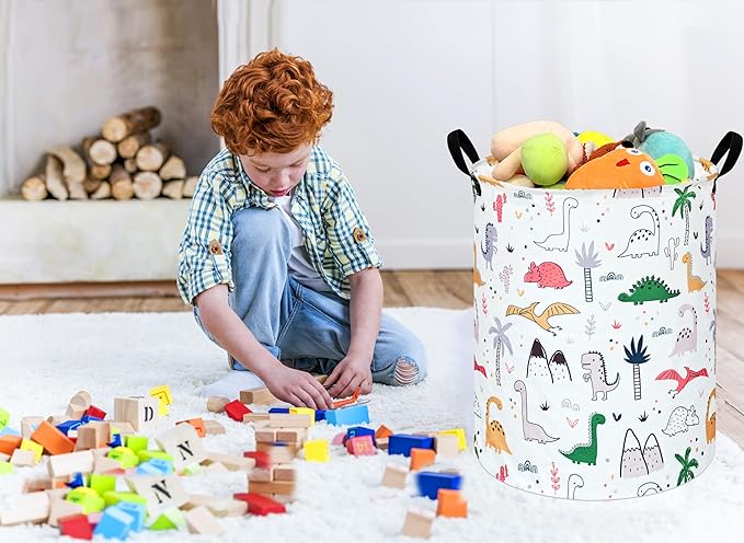 Collapsible Kids Laundry Basket Clothes Hamper, Foldable Storage Organizer Bin, Toy Clothes Storage with Handles for Boys Girls Bedroom, Room Decor Dinosaur