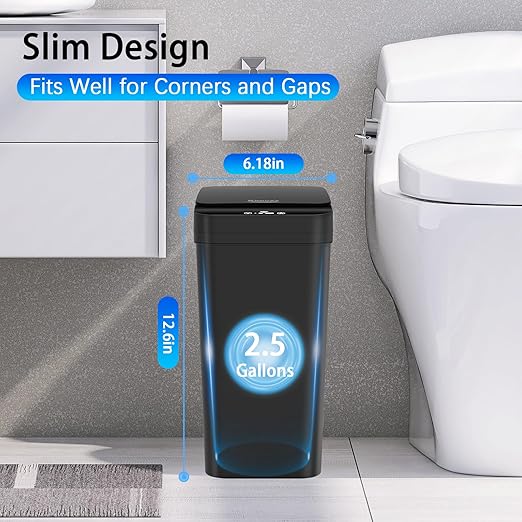 3 Pack Automatic Small Bathroom Trash Can with Lid - 2.5 Gallon Touchless Garbage Can, Motion Sensor Smart Trash Bin, Slim Dog Proof Trashcan, Waterproof Wastebasket for Bedroom Office Kitchen (Black)