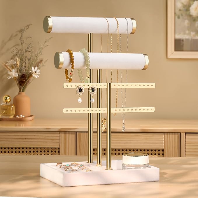 bussdis 3 Tier Bracelet Holder Display - Detachable T Bar White Velvet Bracelet Holder, Jewelry Holder Organizer for Bracelet, Necklace, Earrings, Rings