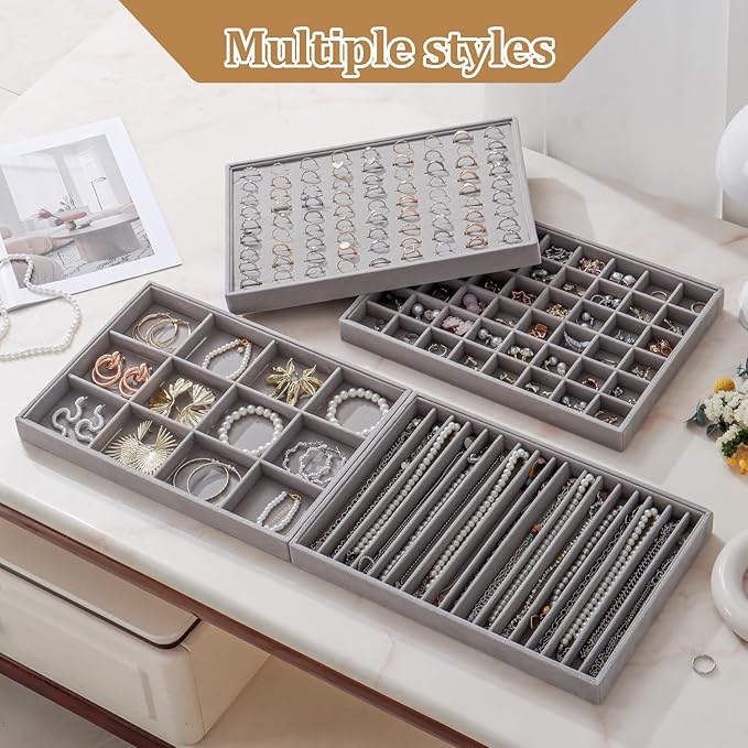 Large Velvet Jewelry Tray 2 Pack Stackable Jewelry Display Drawer Inserts Trays Organizer for Earring Bracelet Necklace Ring (Gray, 12 Grids)