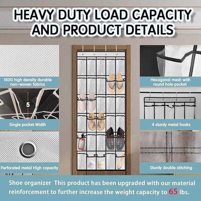 Kotkn Over the Door Shoe Organizer with 30 Breathable Mesh Pockets - Large Capacity Closet Storage for Men & Women, Hanging Shoe Rack Organizer (White)