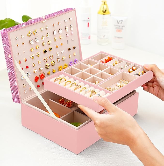 QBestry Jewelry Box for Earrings for Girls Jewelry Organizer Box Earring Holder Organizer for Girl Earring Box Jewelry Box Stud Earring Organizer for Girls Earring Jewelry Boxes for Women Pink Bling