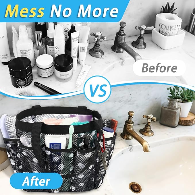 Fammart Mesh Shower Caddy Portable for College Dorm Room Essentials, 8-Pocket Large Shower Basket Tote Bag with 2 Handles for Toiletry, Bathroom, Beach, Camp, Gym