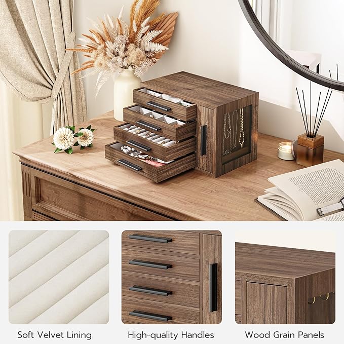 HOOBRO Jewelry Box for Women, Wooden Jewelry Organizer with Transparent Window, 4-Layer Jewelry Organizer Box, Jewelry Holder Organizer for Earrings, Necklaces, Rings, Walnut and Black BH09JB04