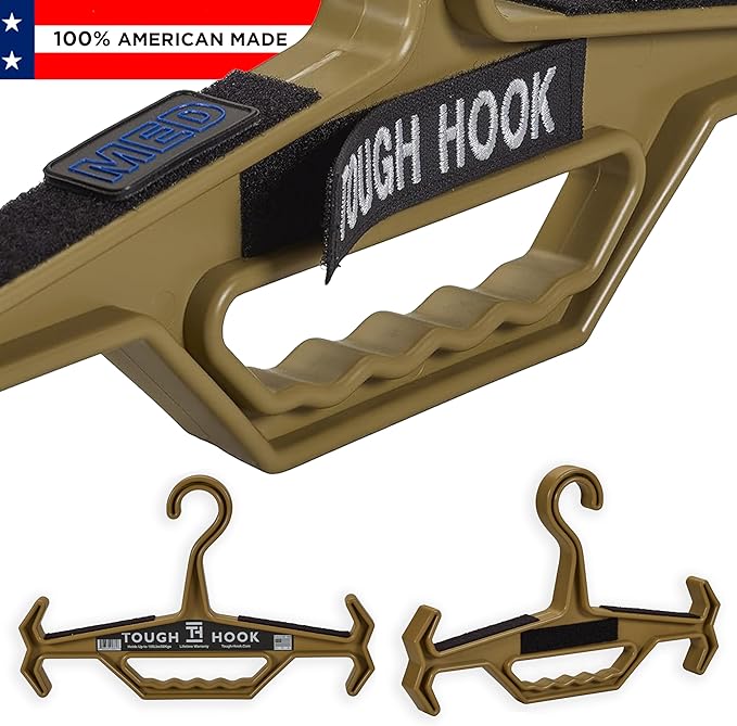 Tough Hook ID MAX Heavy Duty Identification Hanger, USA Made 200 Lb Cap, Plate Carrier, Tactical Gear, Scuba BCD, Anti-Slip Wetsuit & Body Armor Organization System with 3 ID Loop Strips 1 Pack TAN
