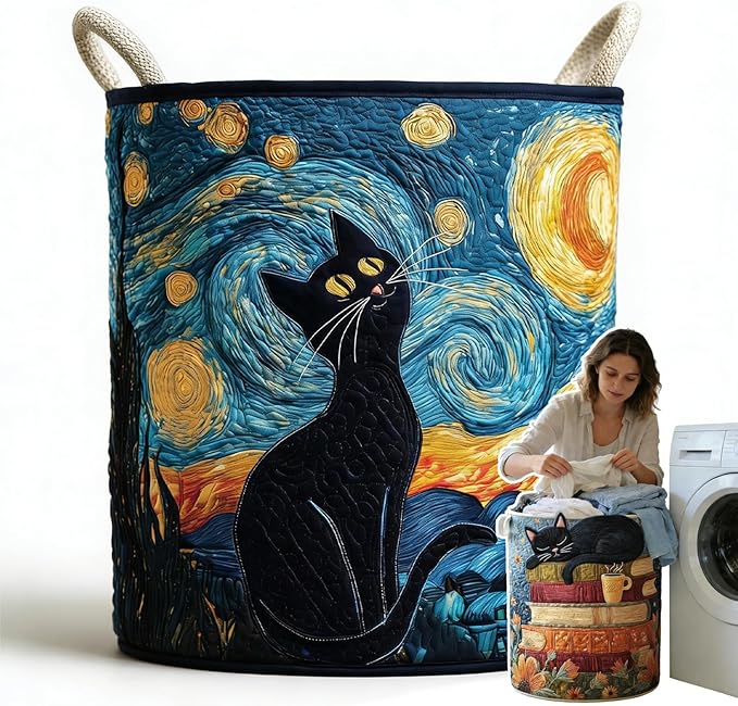 Cat Quilted Laundry Basket - 18"/22"/28", 2026 Large Quilted Cat Laundry Basket with Handles, Cozy Cat Fabric Storage Hamper for Nursery, Bedroom, Laundry Room, Clothes & Toys (2, L 20"X28”)