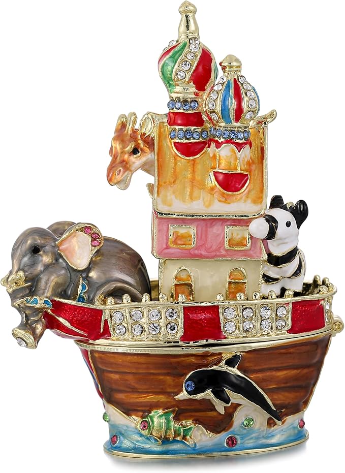 Hand Painted Animal Trinket Box for Home Decor, Hinged Jewelry Organizer Storage, Unique Personalized Collectible Keepsake Figurine Handmade Decorative Ornament Gifts (Noah's Ark)