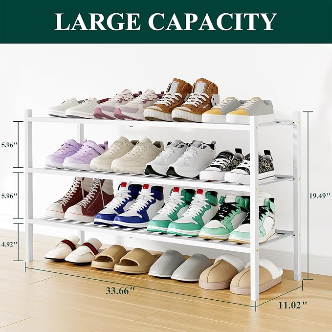 Smiry Shoe Rack, 3 Tier Long Bamboo Shoe Organizer, Stackable Free Standing Wooden Shoe Storage Shelf for Closet, Entryway, Front Door Entrance, White