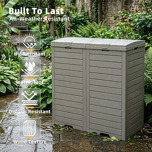 EFU 38 Gallon Outdoor Trash Can with Lid & Drip Tray, Dual Garbage Can for Patio Backyard Deck,Large Heavy Duty Waste Container Bin，Light Coffee