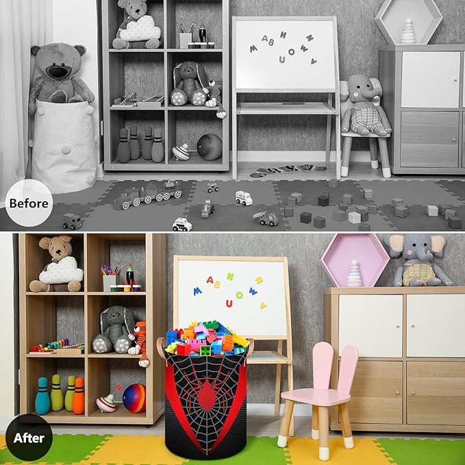 Black Spider Web Large Laundry Hamper Basket, Round Collapsible Storage Organizer Bin for Kids, Boys, Nursery, Closet, Bedroom, Playroom, Toys, Dirty Clothes, 16" W x 20" H