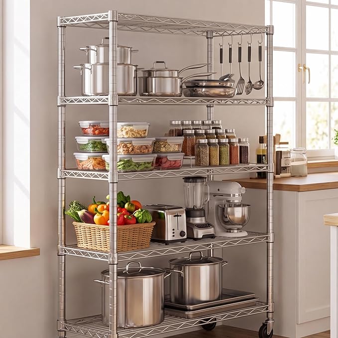 PrimeZone 3 Pack Steel Storage Wire Shelving 5 Tier Metal Shelves with Wheels,Adjustable Kitchen Utility Shelving Unit,Pantry Rack Rolling Metal Shelf Laundry,Chrome 24" Wx18 Dx75 H