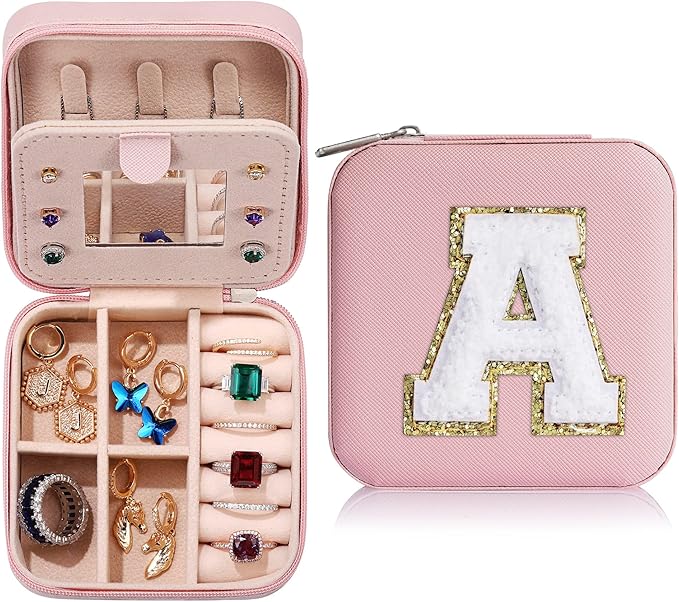Parima Mothers Day Gifts - Gifts for Women Teen Girl Trendy Stuff, Birthday Gift for 5 6 7 8 9 10 11 12 13 14 15 Year Old Girls,Cute Travel Jewelry Case Small Jewelry Box | Letter A, Pink