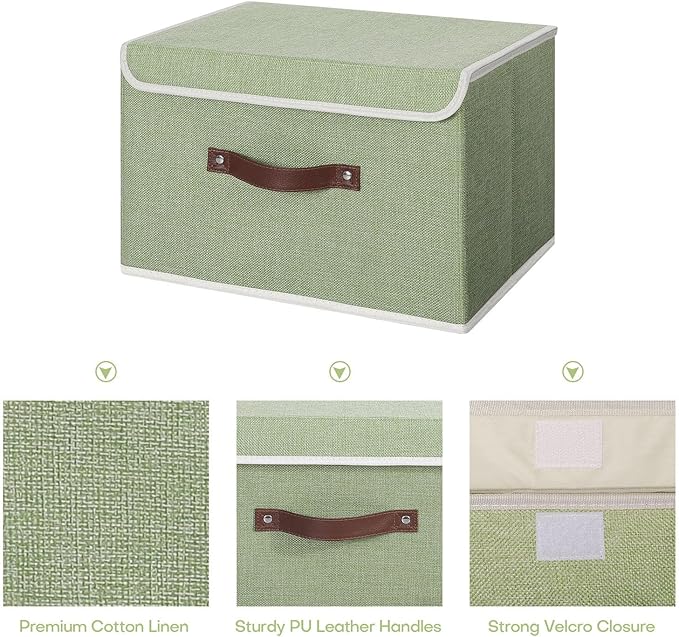 ANMINY Storage Bin with Lid Storage Boxes with PU Leather Handles PP Plastic Board Decorative Foldable Lidded Cotton Linen Fabric Home Cubes Baskets Closet Organizer Container - Green, Medium