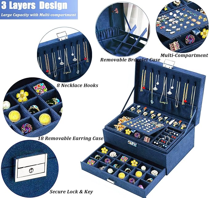 QBestry 3-Layer Jewelry Box for Women with Lock and Key & Drawer, Large Jewelry Organizer with 8 Necklace Hooks & 56 Earring Holes, Navy Velvet Jewelry Storage Box for Necklaces Earrings Ring Bracelet