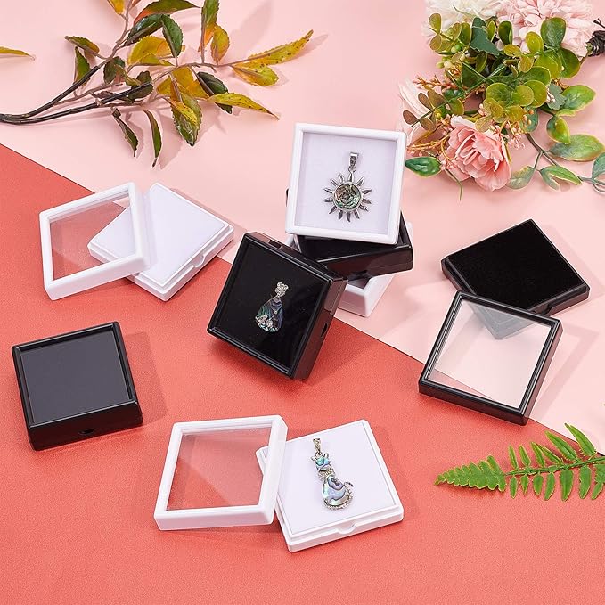 BENECREAT 10PCS White Gemstone Display Box Square Acrylic Jewelry Box Container(2.4x2.4x0.8) with Clear Top Lids and Sponge Inside for Gems, Jewelry Packing