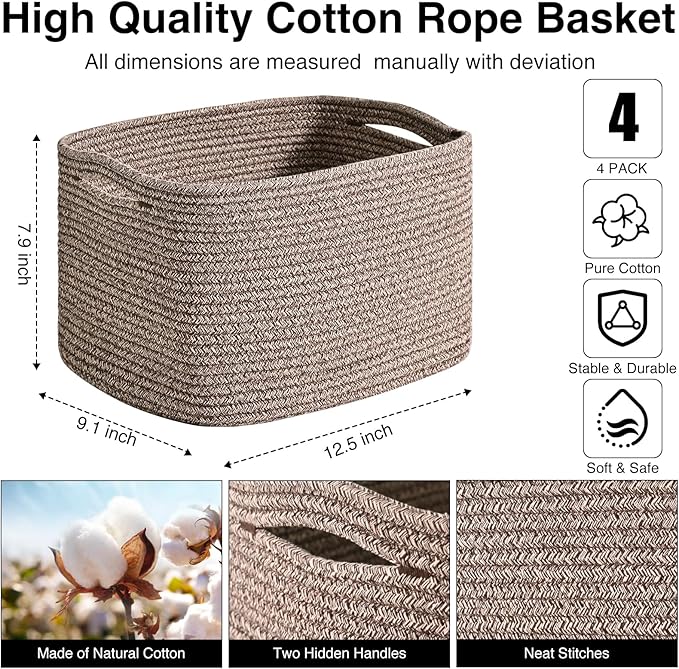 ICERZCZ Storage Baskets for Shelves Organizing, Woven Cotton Rope Baskets for Storage, Book Basket, Decorative Shelf Basket, 12.5"Lx9.1''Wx7.9''H (4 Packs) Dark Brown