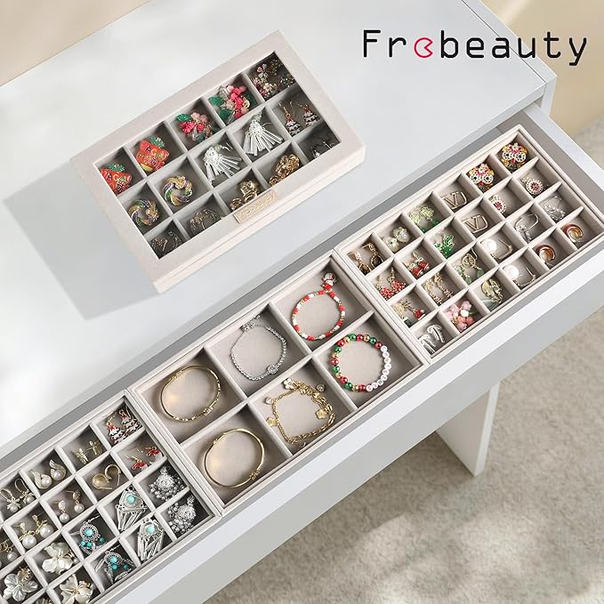 Frebeauty Earring Holder Stackable Jewelry Trays,Velvet Drawer Jewelry Organizer with Glass Lid, 5 in 1 Jewelry Box for Earrings Rings Studs,10.5 x 6.5 x 5.55 Inches Gift for Women (Grey)