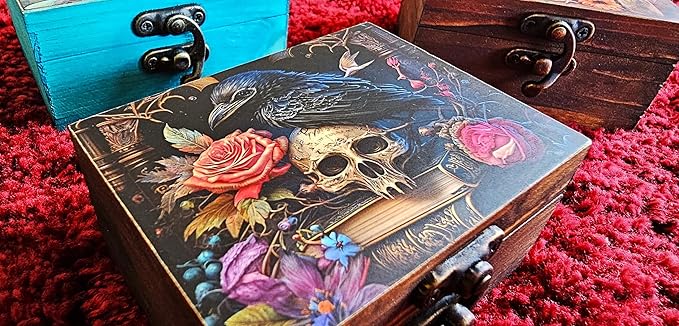 Trinket Box Small Jewelry Keepsake Box | Earrings Necklace Storage Box for Girls Women | Gift Idea, Birthday Christmas, Weddings, Animals Ornaments for Home Décor (Mystical Raven and Skull)