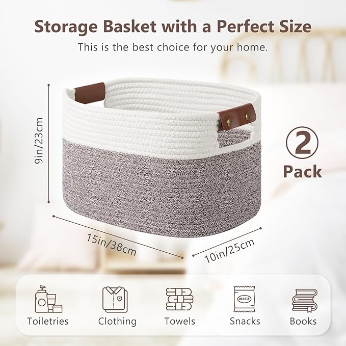 ECDYQXVU Cotton Rope Basket, Storage Baskets with Handle, 15x10x9 Inch Woven Basket for Shelves, Laundry, Towels, Clothes, Books (White Brown 2 Pack)