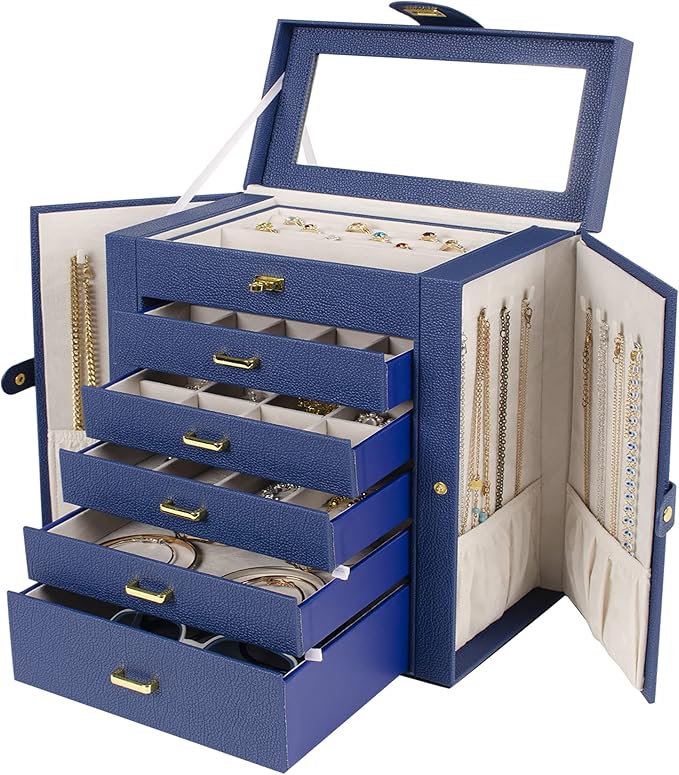 AKOZLIN Large Jewelry Box Organizer Functional with Big Mirror, Leather Jewelry Storage Case for Women Girls Ring Necklace Earring Bracelet Holder Organizer Blue
