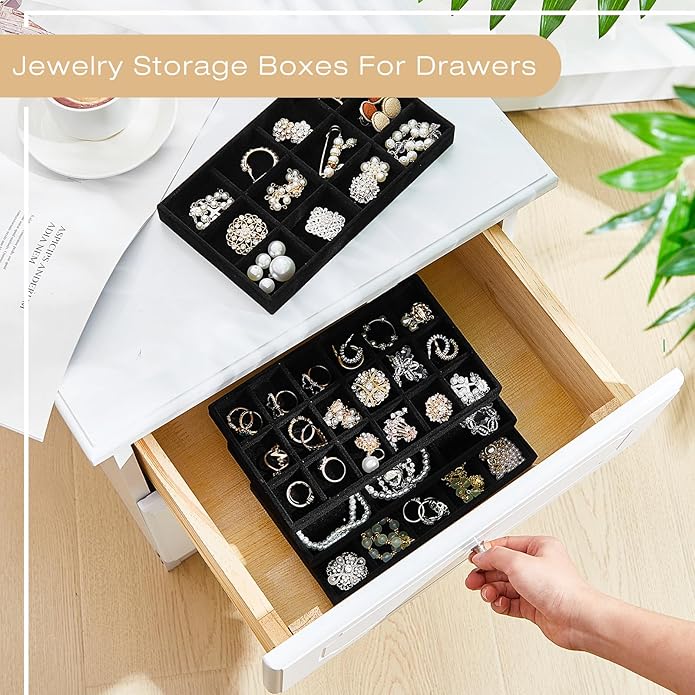Junkin 12 Pcs Jewelry Tray Velvet Stackable Jewelry Organizer Trays Divided Earring Accessories Storage Containers Box (Rose Red)