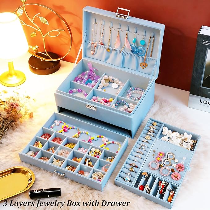 QBestry 3-Layer Jewelry Box for Girls & Teens with Lock and Key, Large Jewelry Organizer with 8 Necklace Hooks & 56 Earring Holes, Blue Velvet Jewelry Storage Box for Necklaces Earrings Rings Bracelet