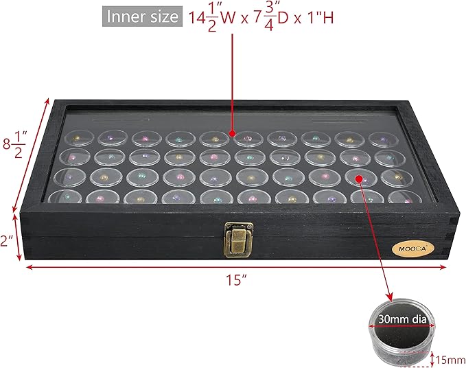 MOOCA Glass Top Black Jewelry Display Case Box 50 Gem Jars, Ring Box, Jewelry Organizer, Jewelry storage Black Tray with Gem Jar, 15" W x 8.5" D x 2" H