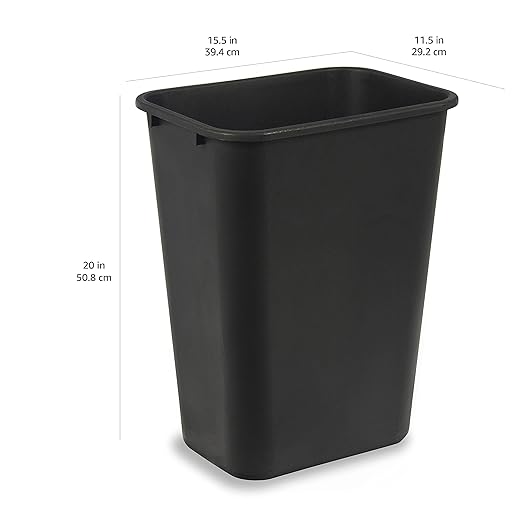 Amazon Basics Rectangular Plastic Office Wastebasket, Easy to Clean, 10 Gallon, Black, 2-Pack