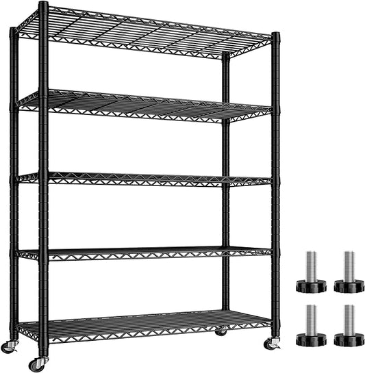 REIBII Storage Shelves Load 1980LBS,5 Tier Metal Shelving Unit with Wheels,Adjustable Wire Shelving Metal Storage Shelves Commercial Shelf for Garage Pantry Kitchen,76''HX36''WX16''D Black