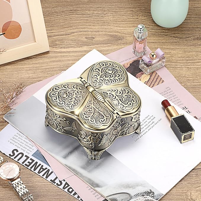 Hipiwe Antique Metal Jewelry Box Butterfly Shape Jewelry Storage Organizer Vintage Trinket Box Treasure Chest for Ring Earrings Necklace Decorative Keepsakes Box, Bronze, Large