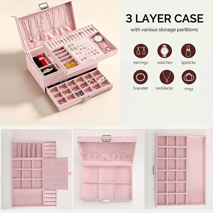 Jewelry Organizer Box for Women Girls, Jewelry Box 3-Tier Jewelry Display Case and Organizer,Lockable Jewelry Display Case Anti Tarnish,Varying Compartments for Necklaces, Bracelets, Rings