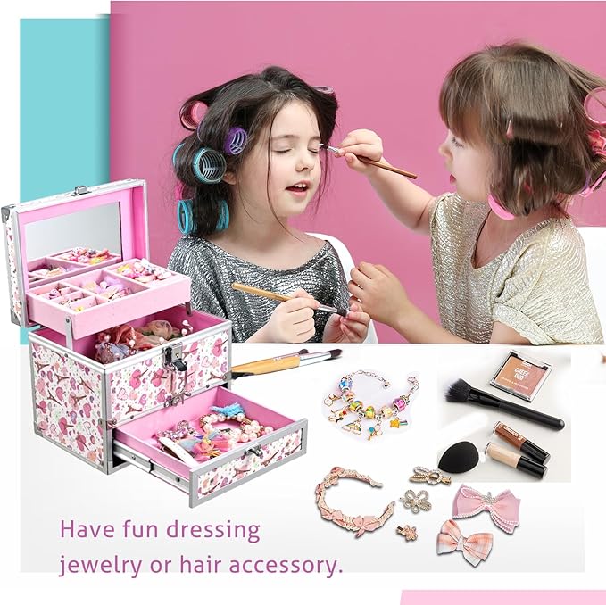 Hododou Girls Jewelry Box Organizer with Drawer & Mirror, Shiny Pink Style Lockable Storage Case for Kid or Little Girls Jewelry and Hair Accessories Pink Tower