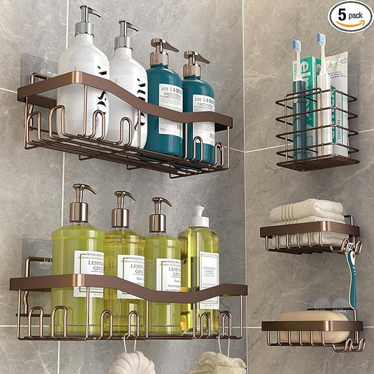 Youvip Adhesive Shower Caddy, No Drilling Bath Organizers 5 Pack, Rustproof Shelves with Soap Holder & Toothbrush Holder, Bathroom Organizers and Storage, Bronze
