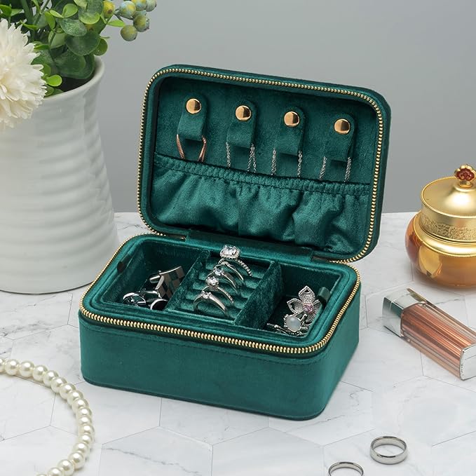 Velvet Travel Jewelry Organizer Box with Zipper Around Portable Accessory Display Tray Holder Storage Case for Multiple Earrings Rings Necklaces Bracelets (Green)