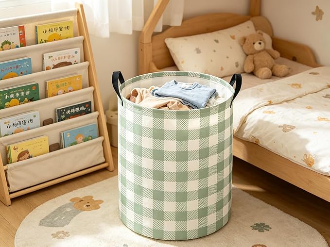 Baby Laundry Hamper kids laundry Basket Waterproof Laundry Bag for Bedroom Toy Clothes Organizer Room Décor(Green Checkered)