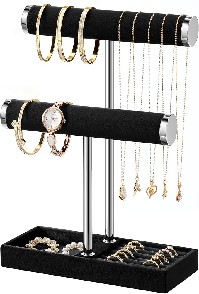 bussdis 2 Tier Bracelet Holder Display - Detachable T Bar Black and Silver Velvet Bracelet Holder, Jewelry Holder Organizer for Bracelet, Necklace, Earrings, Rings