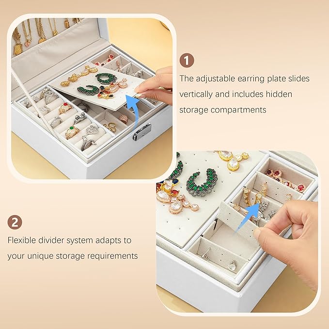Homeanda Jewelry box 2 layer Jewelry box Leather Jewelry boxes for Women Girls Teens Jewelry organizer box Jewelry Storage box with lock(White)