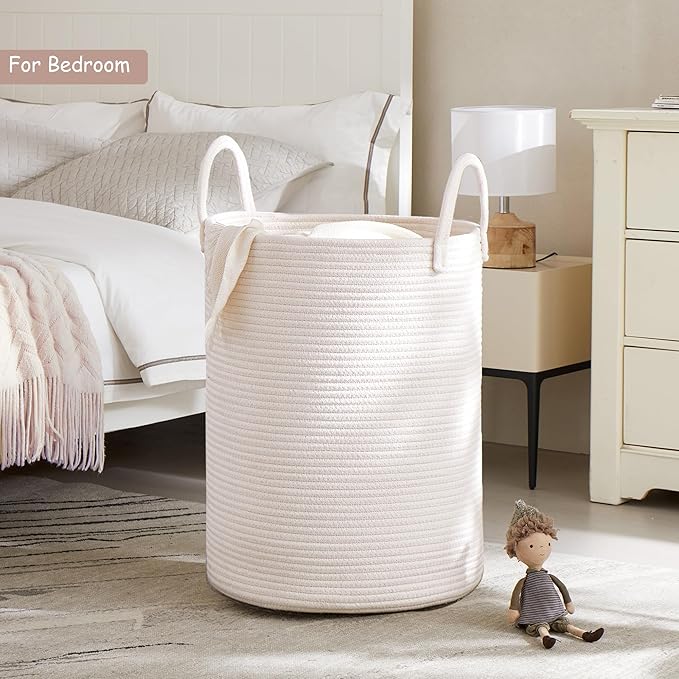 80L Extra Large White Hamper Tall Woven Laundry Basket Cotton Rope Blanket Basket for Living Room Clothes Hamper in Bedroom 16"L x 16"W x 22"H