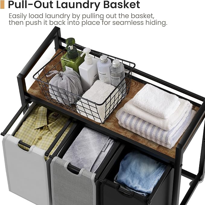 SwaaVee Laundry Hamper, Laundry Basket, Laundry Sorter with 3 Removable Bags, Clothes Basket with 3 Compartments, Wheels, Shelf for Laundry Room Bathroom Bedroom (3 Bags-Black Grey White)