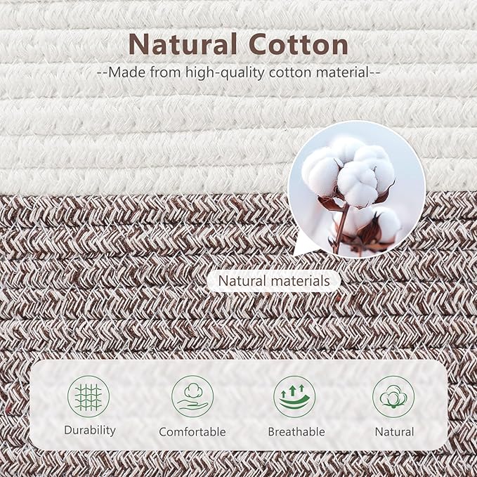 ECDYQXVU Cotton Rope Basket, Storage Baskets with Handle, 15x10x9 Inch Woven Basket for Shelves, Laundry, Towels, Clothes, Books (White Brown 3 Pack)