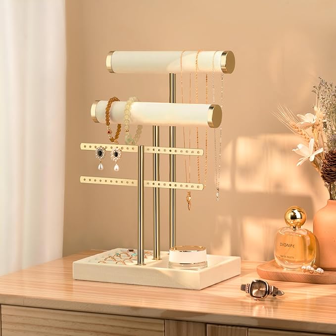 bussdis 3 Tier Bracelet Holder Display - Detachable T Bar Beige Velvet Bracelet Holder, Jewelry Holder Organizer for Bracelet, Necklace, Earrings, Rings