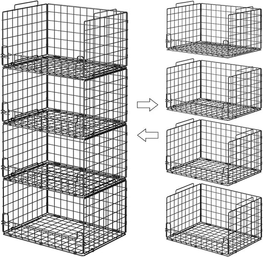 4-Tier Stackable Closet Organizers and Storage Basket - Foldable Closet Shelf Organizer System, Sturdy Metal Space-Saving Clothes Storage Bins for Wardrobe, Black