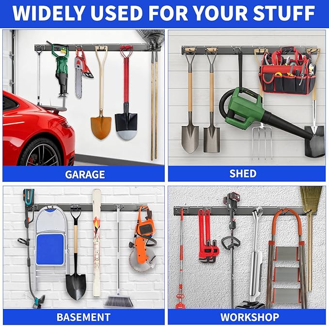 Garage Tool Organizer Wall Mount, 48 Inch Heavy Duty Garden Tool Organizer Storage System, Easy Install with 6 Adjustable Straight Hooks, for Garage, Basement, Shed, Workshop, Black, Steel