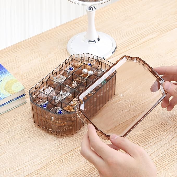 LETURE 3-Layer Jewelry Organizer Box for Earrings, Rings, Necklaces, Bracelets, Clear Plastic Bead Storage Containers for Crafts (Coffee)