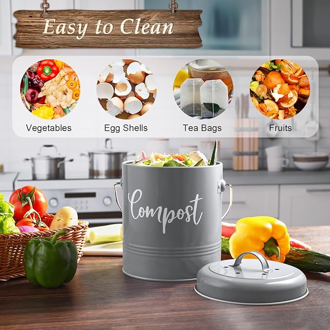 DAYYET Gray Compost Bin Kitchen, 1.3 Gallon Farmhouse Kitchen Compost Bin Countertop with Lid and Charcoal Filters, Indoor Compost Bucket for Decor and Accessories