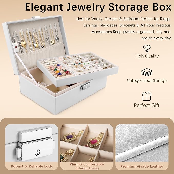 Homeanda Jewelry box 2 layer Jewelry box Leather Jewelry boxes for Women Girls Teens Jewelry organizer box Jewelry Storage box with lock(White)