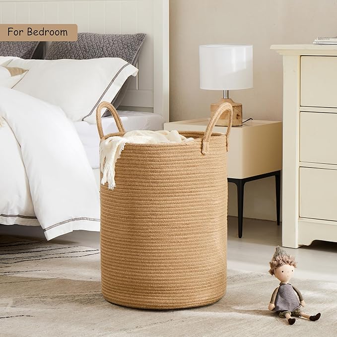 60L Jute Woven Laundry Hamper Basket Wicker Rope Clothes Hamper Tall Rattan Blanket Basket in Living Room Bedroom 15Dx20H Inches Large