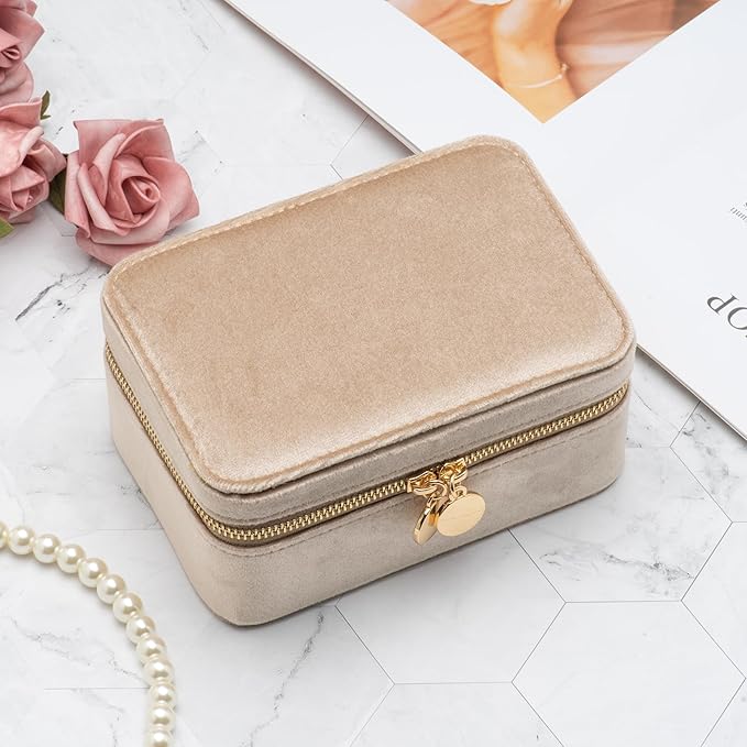 Velvet Travel Jewelry Organizer Box with Zipper Around Portable Accessory Display Tray Holder Storage Case for Multiple Earrings Rings Necklaces Bracelets (Beige)